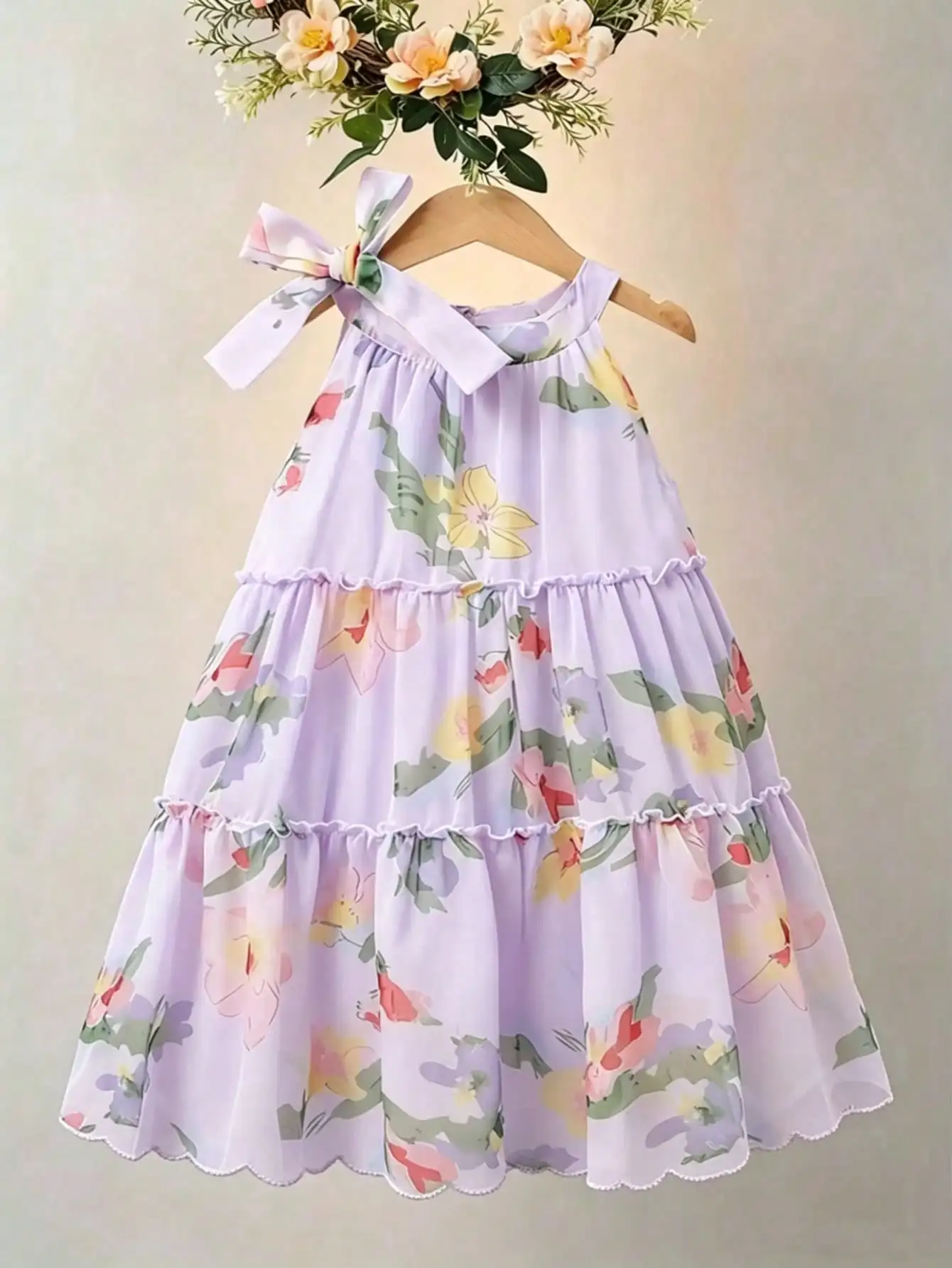 Mädchen Lässiges Bequemes Rundhals-Ärmelloses Kleid mit Blumen- und Blattdruck A-Linien-Rock Kinderbekleidung – Detail 4