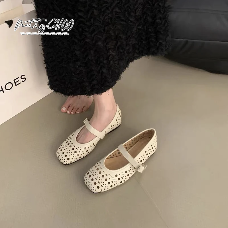 Chic Brand Design Hollow Out Ballet Flats Woman Retro Laser Pattern Mary Jane Shoes Ladies Summer Breathable Dot Flower Loafers
