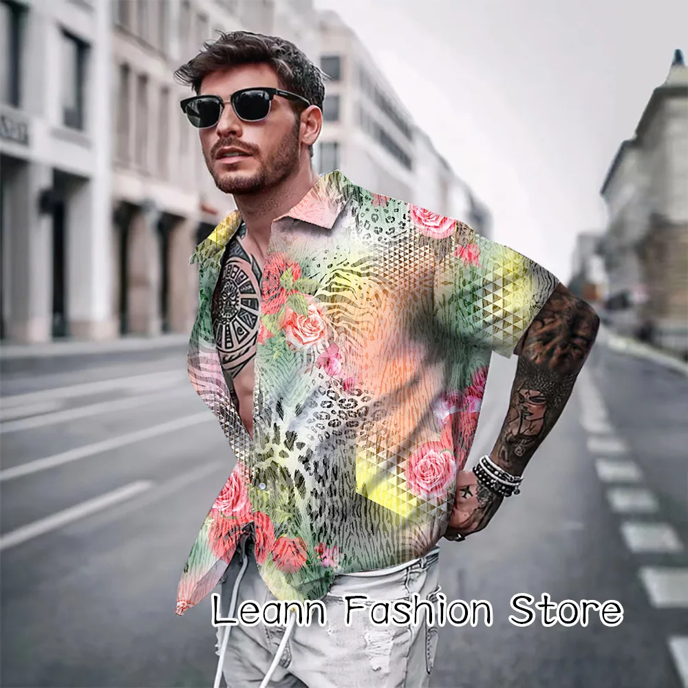 Men Summer Colorful Leopard Shirt Male Fashion Daily Short Sleeve Clothing Luxury Streetwear Casual Hawaiian Vacation Shirt