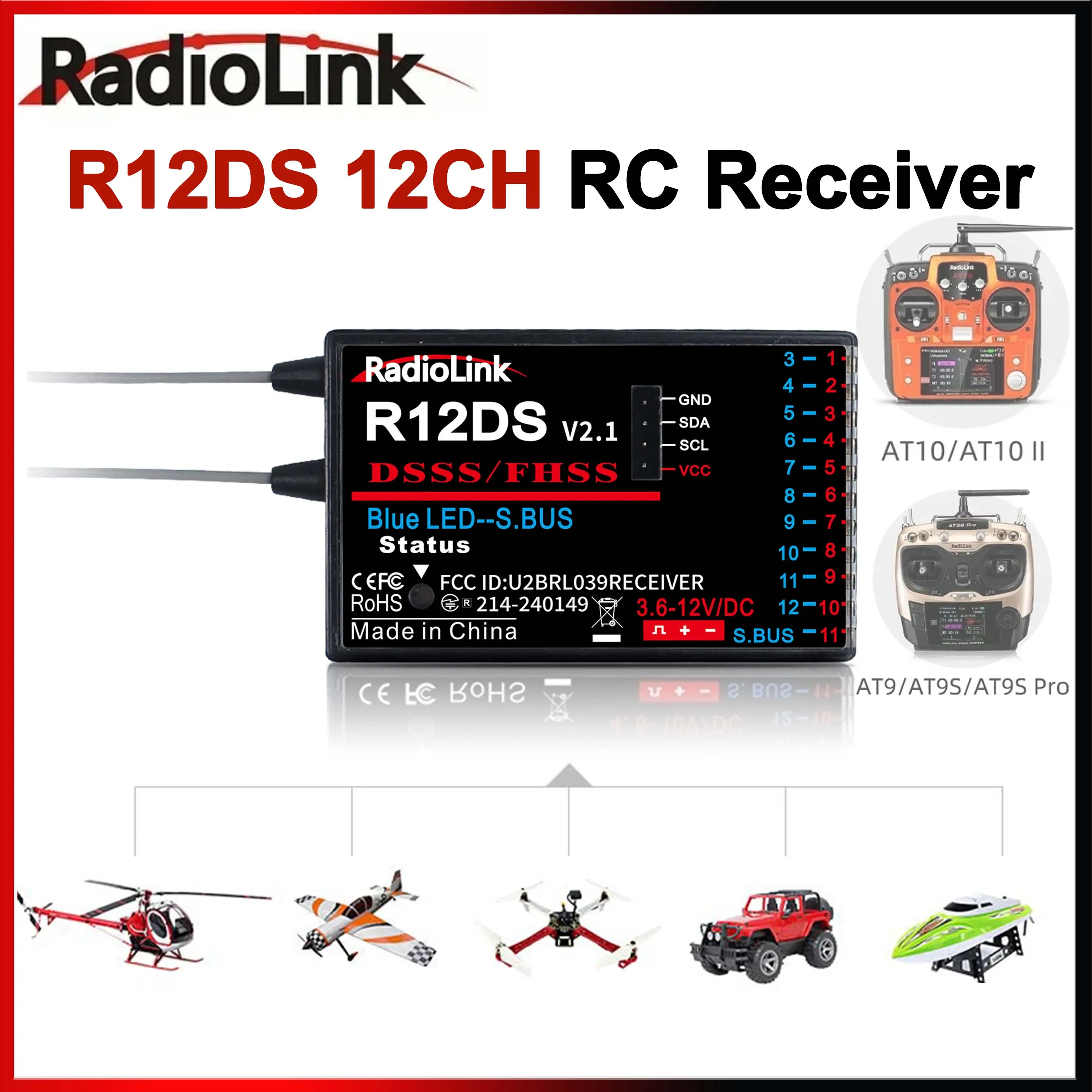 Radiolink R12DS 12CH RC Receiver 12 Channel DSSS & FHSS Support SBUS/PWM Signal for Plane Car AT9 AT9S AT10 AT10II Transmitter