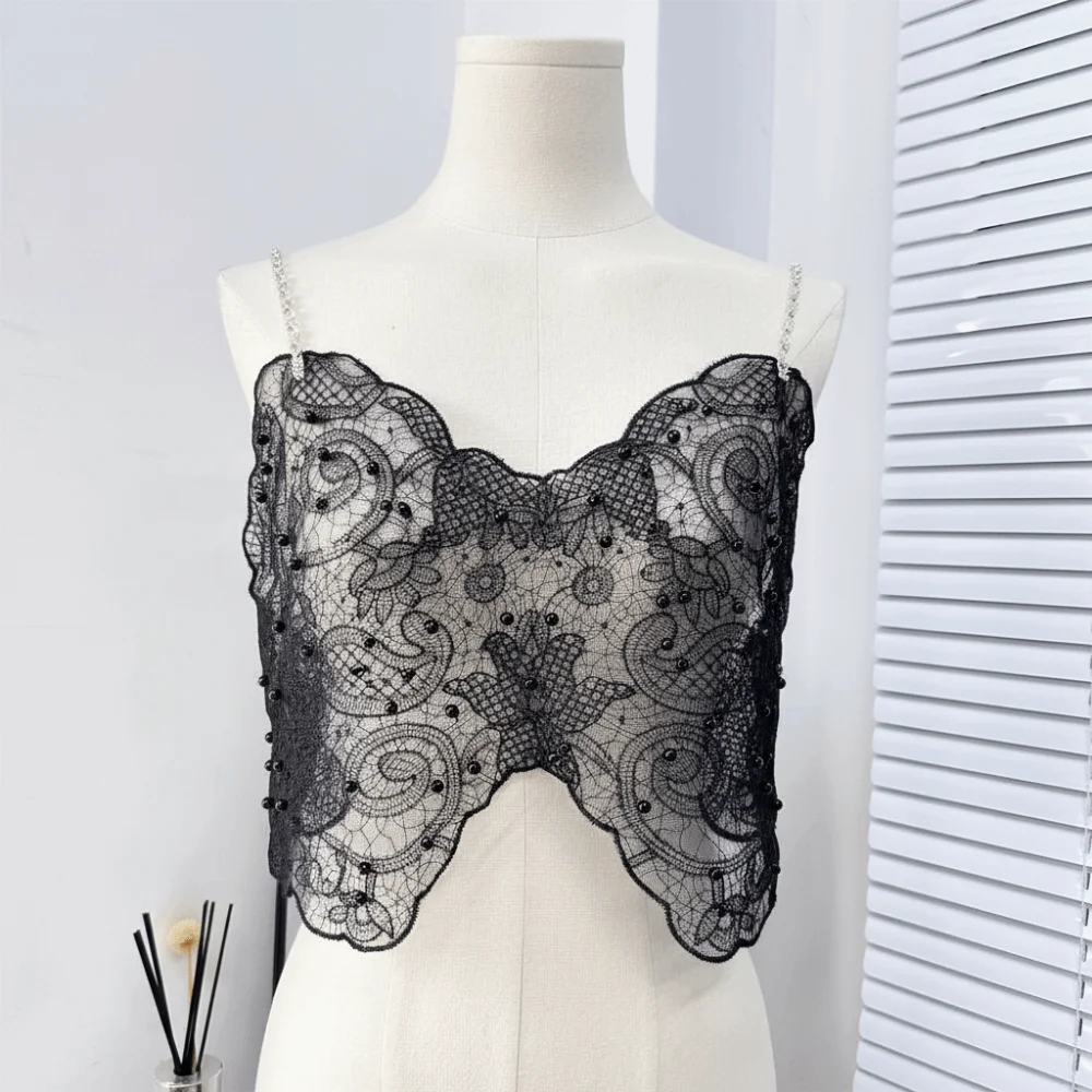 Fashion Mesh Beaded Diamond Camisole Embroidery Sexy Perspective Strap Tanks Lace Design All-match Outer Wear Camis Summer