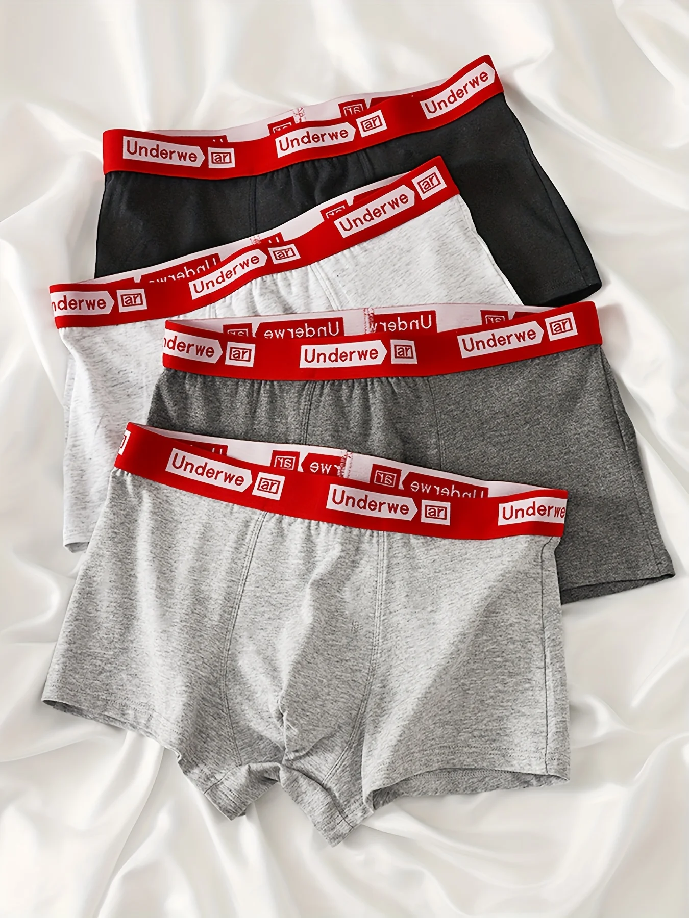 

4-Pack Men's Cotton Boxers - Red Waistband “Underwe ar” Print, Black/Grey Color Combo, S-XL Sizing, Soft Breathable Cotton,
