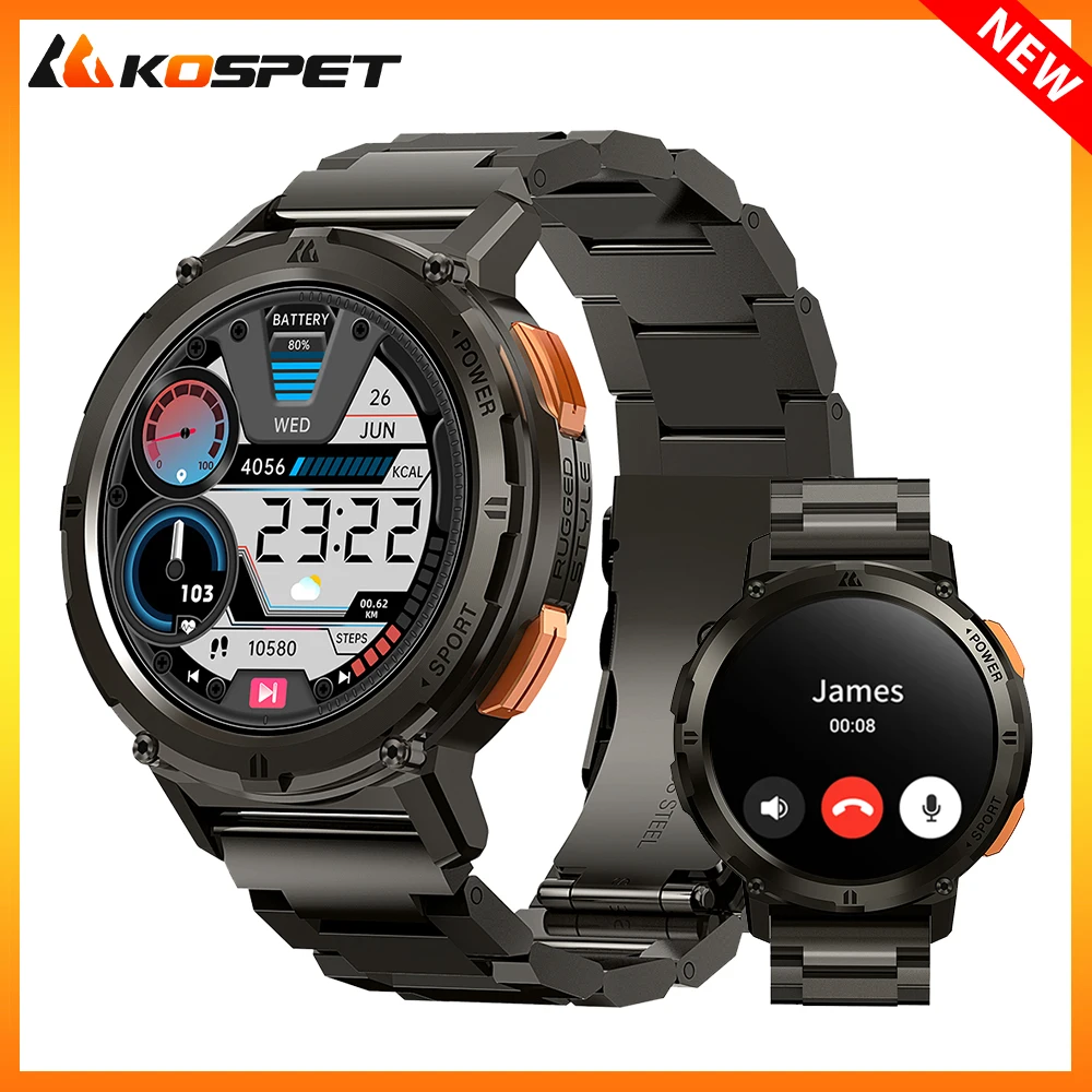 Original KOSPET TANK T2 Military Smartwatch For Men Bluetooth Call AOD Smart Watch Waterproof Fitness Electronic Men's Watches