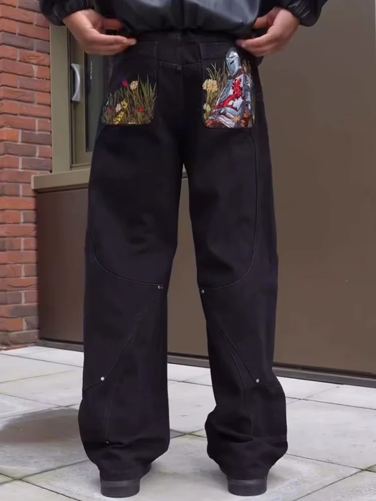 جديد الرجال عادية فضفاض مستقيم الجينز الخريف الشتاء المألوف المرقعة التطريز سراويل جينز الرجال Vintage جان السراويل