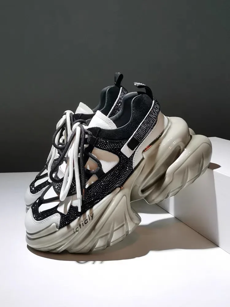 Scarpe con plateau con tacco alto da donna Crystal Fashion Luxury Design Brand Chunky Sneakers Spring Vulcanize stile coreano vera pelle