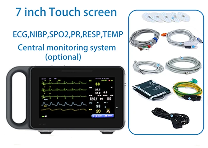 Monitor portátil de 6 parámetros, dispositivo con pantalla táctil de 7 pulgadas, ECG, NIBP, PR, SPO2, RESP, TEMP, signos vitales