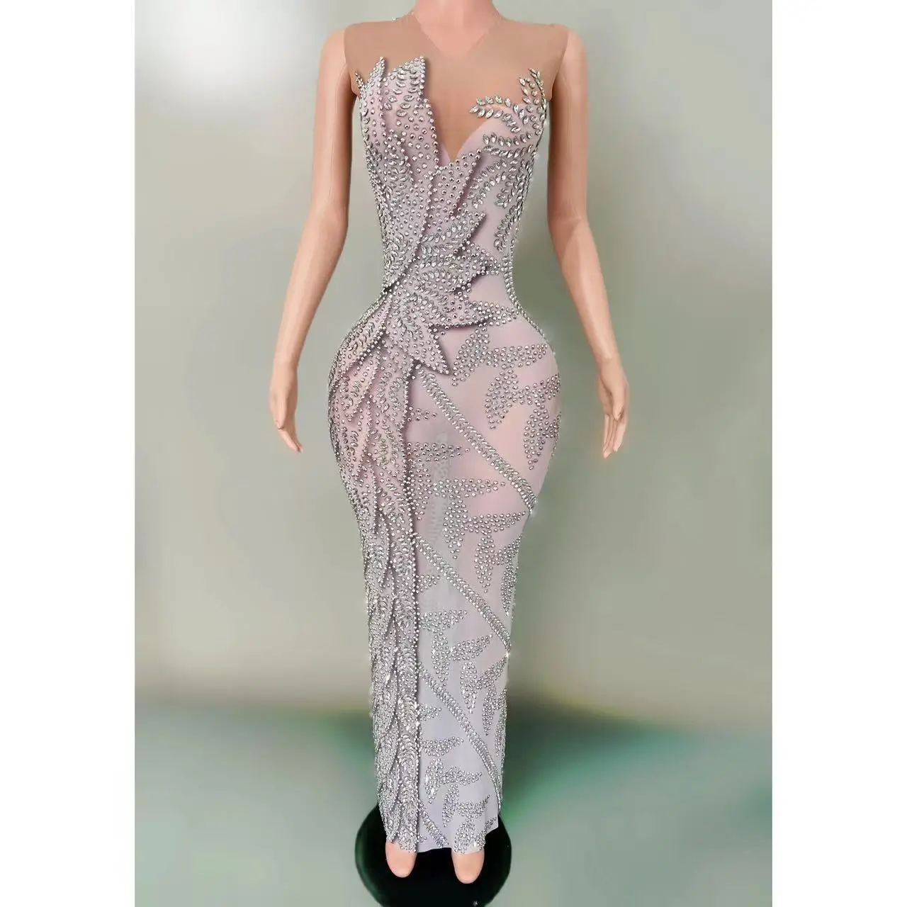 

Women Sexy Mesh Transparent Evening Prom Birthday Gown Photo Shoot Wear Sparkly Rhinestones Sleeveless Silver Long Dress