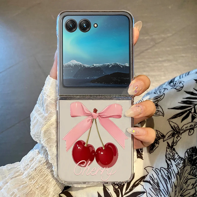 Pink Cherry Bowknot Printed Phone Case For Motorola Razr 60 Ultra Razr 50 40 Ultra 50 40 Clear Shockproof Hard PC Folding Cover