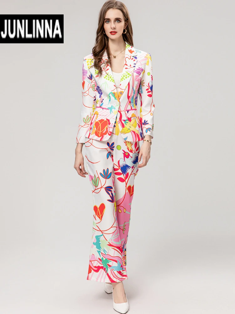 

JUNLINNA Autumn Winter Two Piece Set Women Flying Birds and Flower Printing Noched