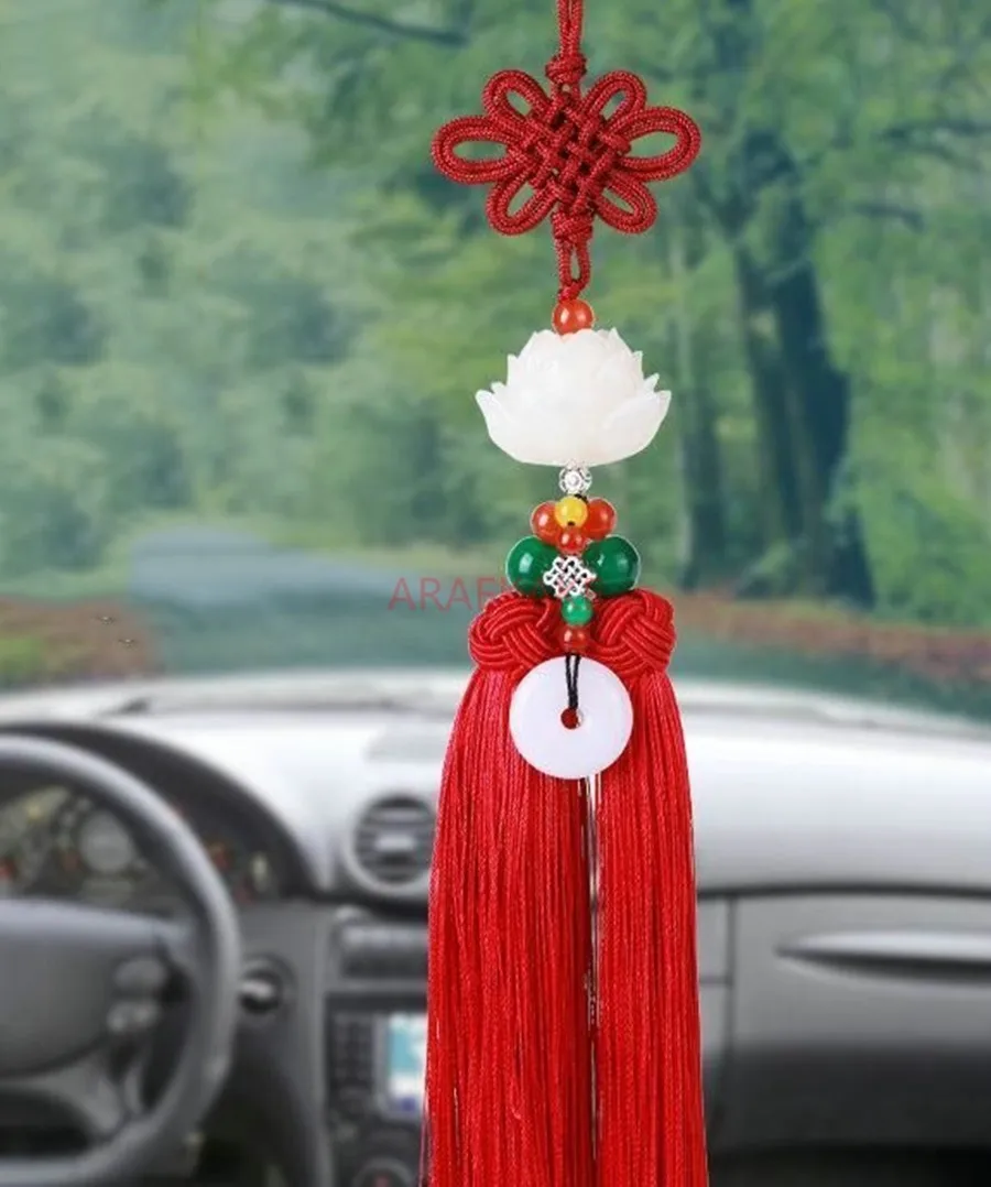 imitation white jade lotus flower interior decoration, rearview mirror decoration, Chinese knot, tassel car decoration