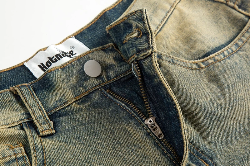 Vintage übergroße Split Deconstructed Herren breite Jeans Baggy Yellow Mud Dyed Washed Denim Jeans Cat Whisker Straight Denim Hose – Detail 13