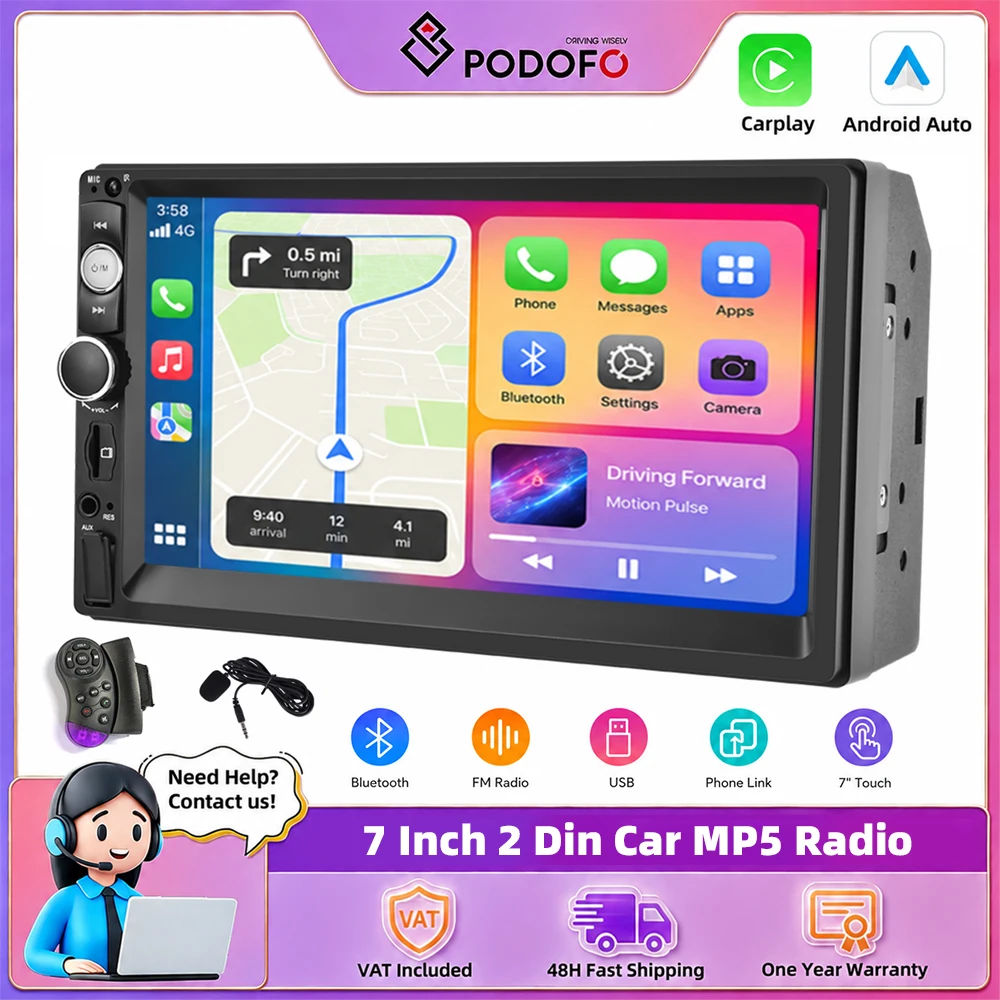 Podofo 2Din 7 pouces Autoradio sans fil Carplay Android Auto Systèmes de voiture intelligents MirrorLink Lecteur MP5 Stéréo HD Écran tactile Lecteur multimédia EQ BT FM Audio Stéréo avec commande au volant Prise en charge de la caméra de recul