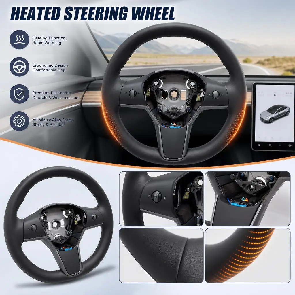 Heated Steering Wheel PU Leather Car Steering Wheel Aluminum Alloy Frame With Heating Function For Model 3 Model Y 2017-2023 OE 1490214-00-B