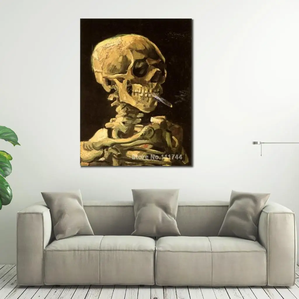 Abstract Paintings by Vincent Van Gogh Skull with Burning Cigarette Hand Painted Art on Canvas High Quality Modern Home Decor