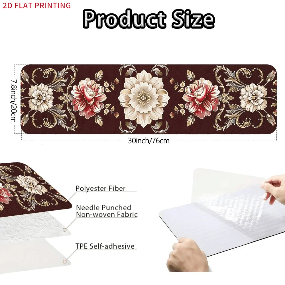 2D FLAT Printing Set of Stair Mats, Red And White Floral Pattern On Dark Background, Easy to Clean Stair Tread Carpets