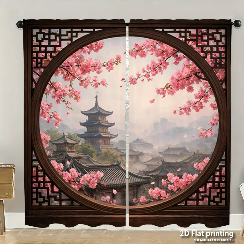 Lattice Cherry Pagoda Window Curtain 2 Panels, Chinese Frame Sakura Ancient Tower Print Misty Background Elegant Home Curtain