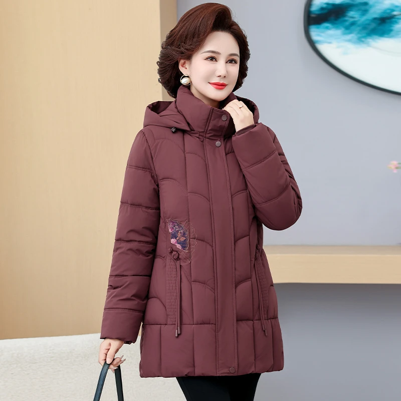 

Женская зимняя пуховая хлопковая куртка с вышивкой, длинная теплая куртка-пуховик с капюшоном, облегающее стеганое пальто средней длины