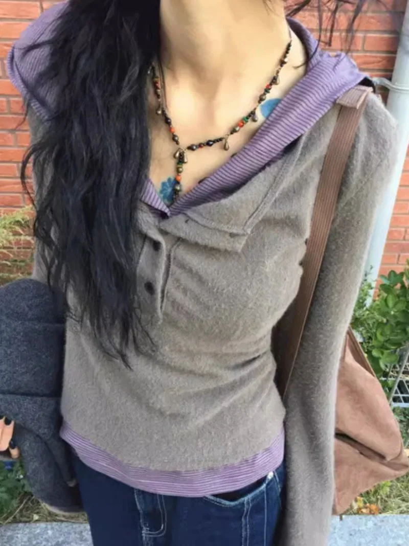 

Korean Clothing Y2k Tops Women Version Simple Half Buttoned Plush Fake Two-piece Splicing Hooded Slimming Long Sleeved T-shirt