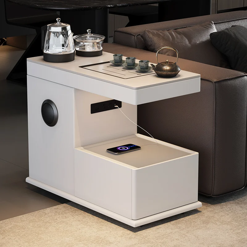 The new all-solid wood movable smart sofa side cabinet coffee table can automatically boil water with teapot rechargeable side