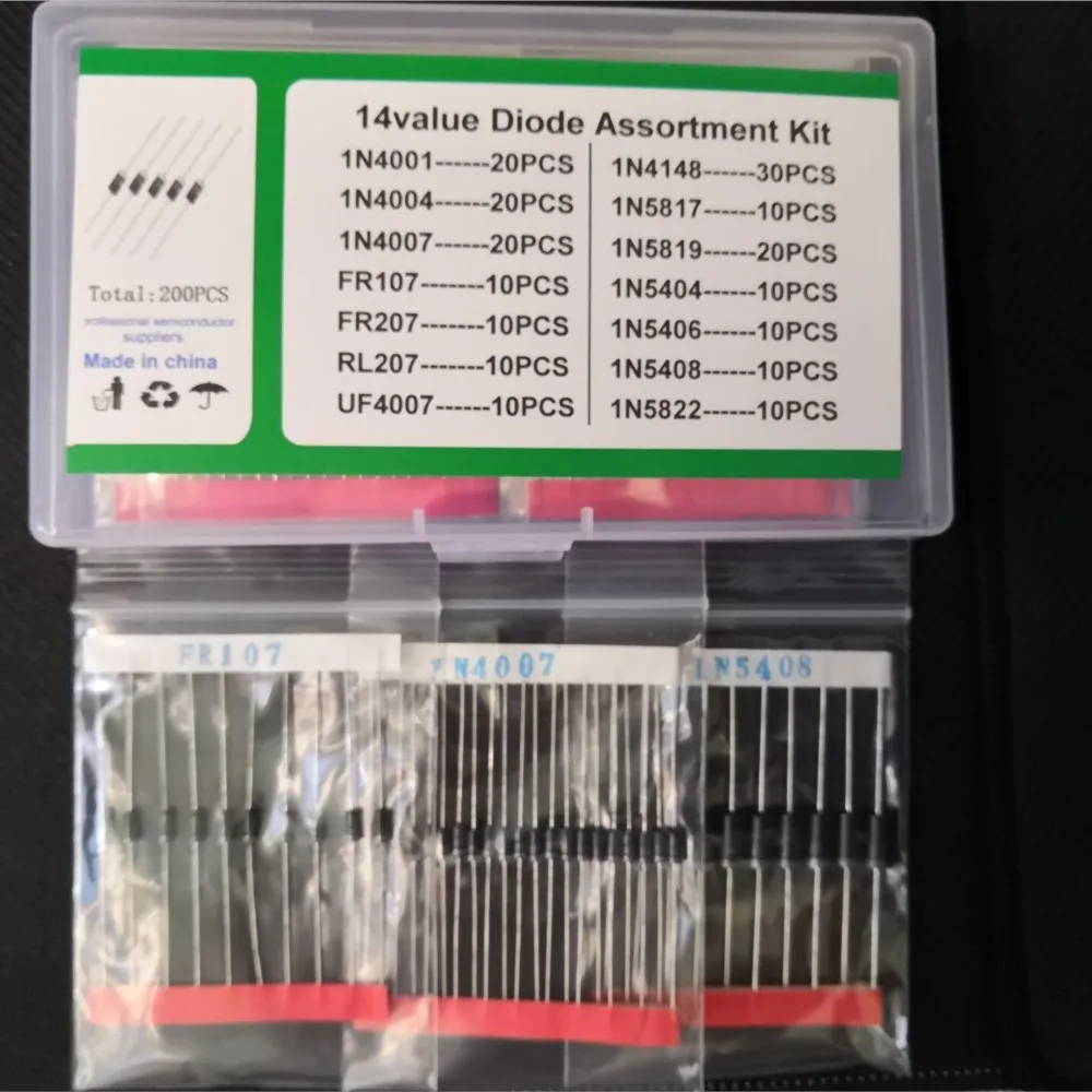 200PCS(14Values) 1N4001 IN4004 4007 FR107 FR207 RL207 UF4007 Schottky Diode Kit Box 1N4148 1N5817 1N5819 1N5404 5406 5408 5822
