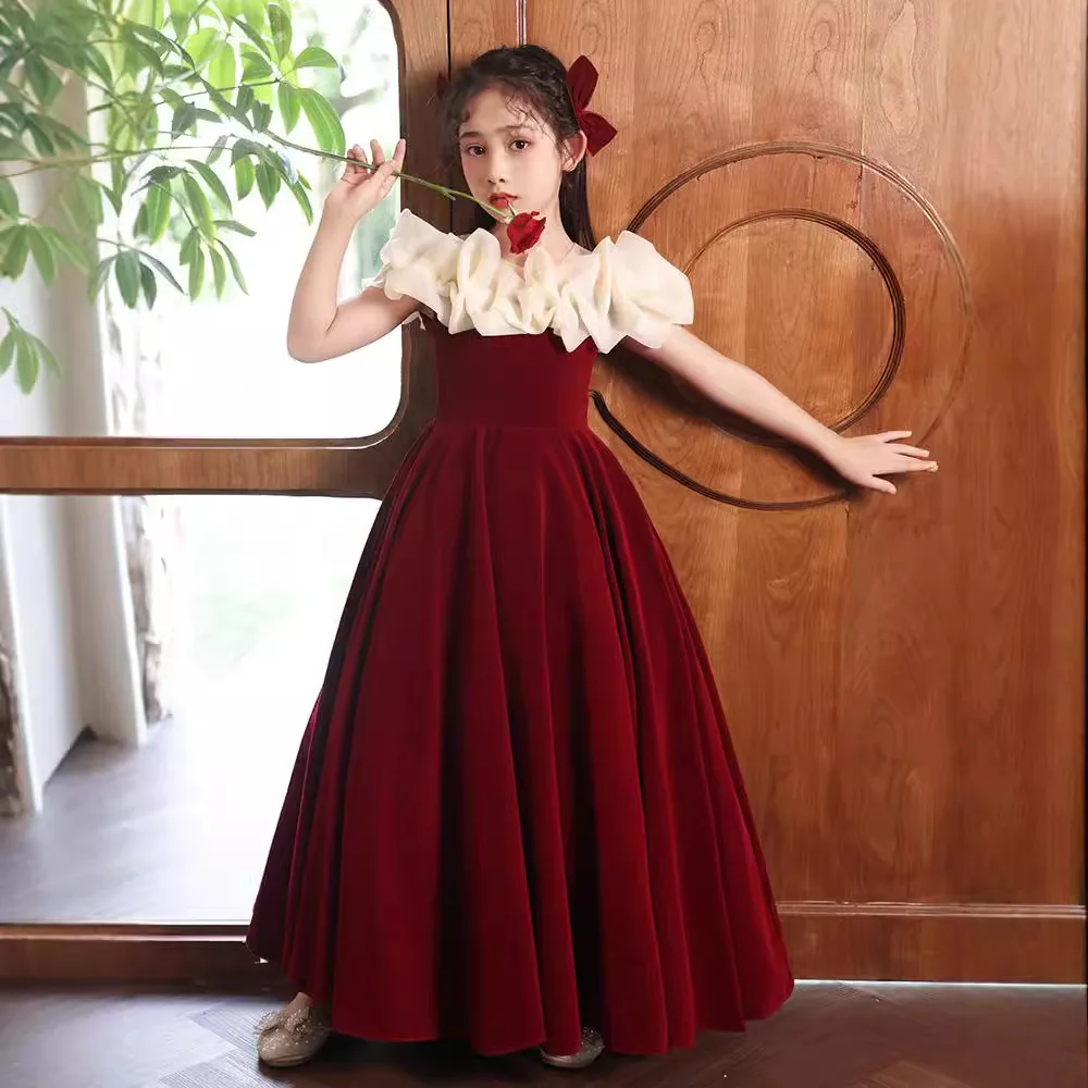 

2025 Elegant Velvet Long Dresses For Ceremony Girl Child Dress Princess Carnival kids Wedding Party Ball Gown 8 10 12 14 Years