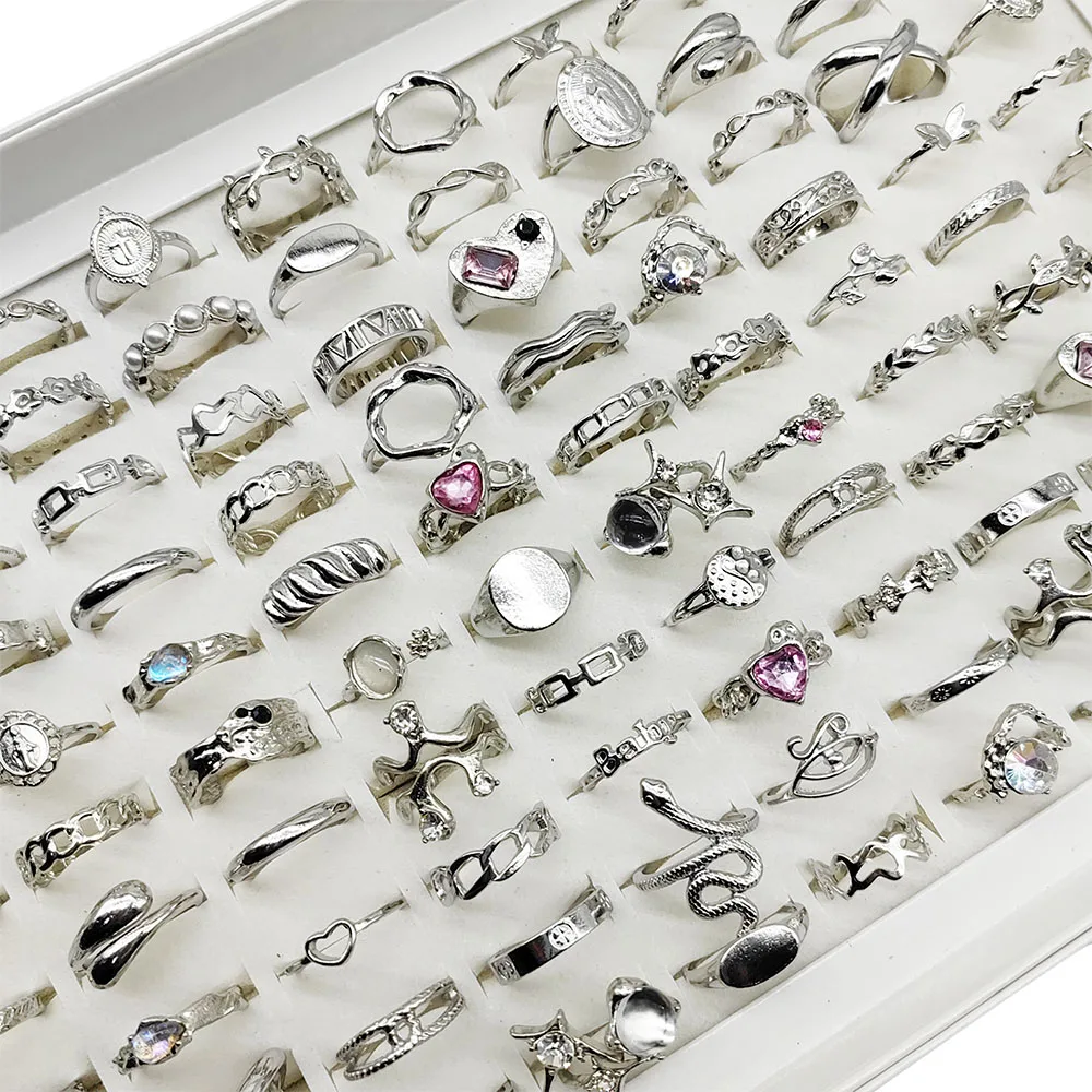50 pièces/lot, nouvelles bagues pour femmes, style géométrique, design simple et brillant, cristal rose clair, cœur, croix, perle, bijoux serpent