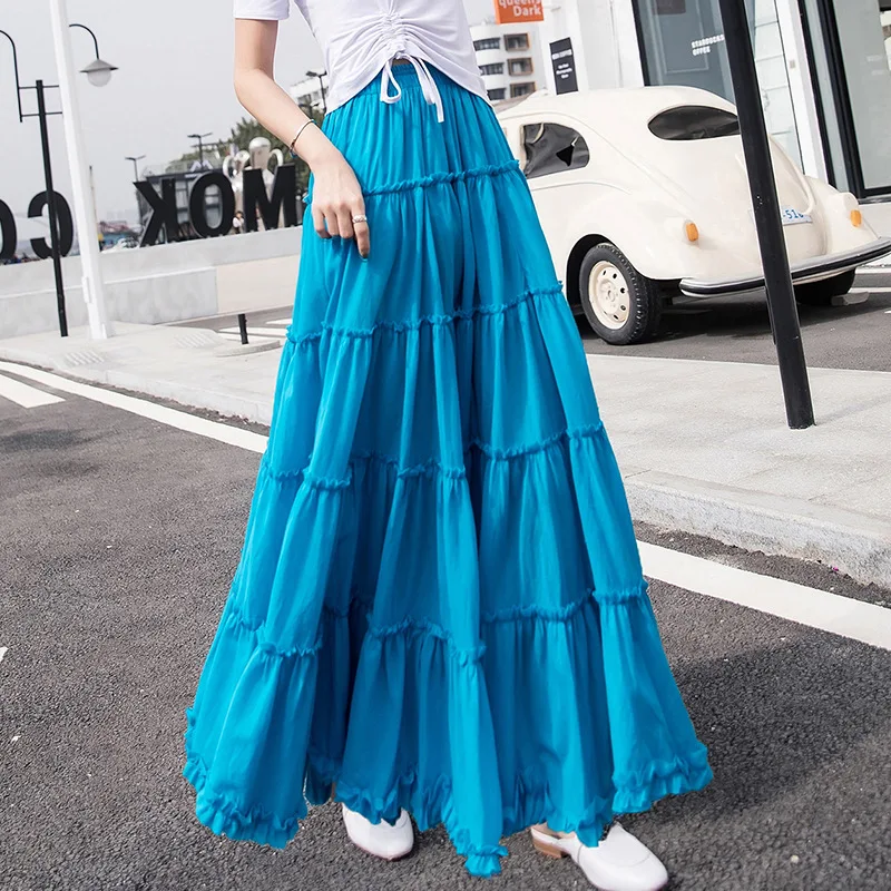 Korean Style Women\'s Umbrella Shape Long Skirts Sale Summer Girls Solid Ruffles Cotton Skirt Ladies Beach Casual Knitted Skirts