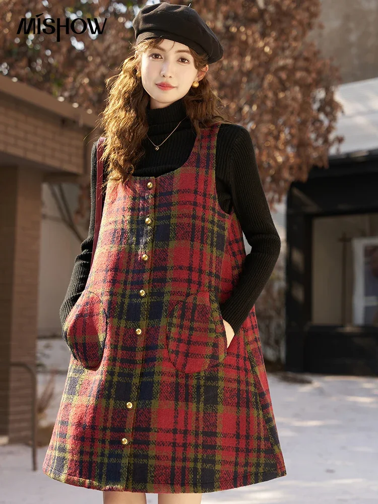 

MISHOW Plaid Woolen Vest Dress for Women Autumn Winter Vintage Button Up Fashion A-line Square Collar Dresses Woman MXC58L1636