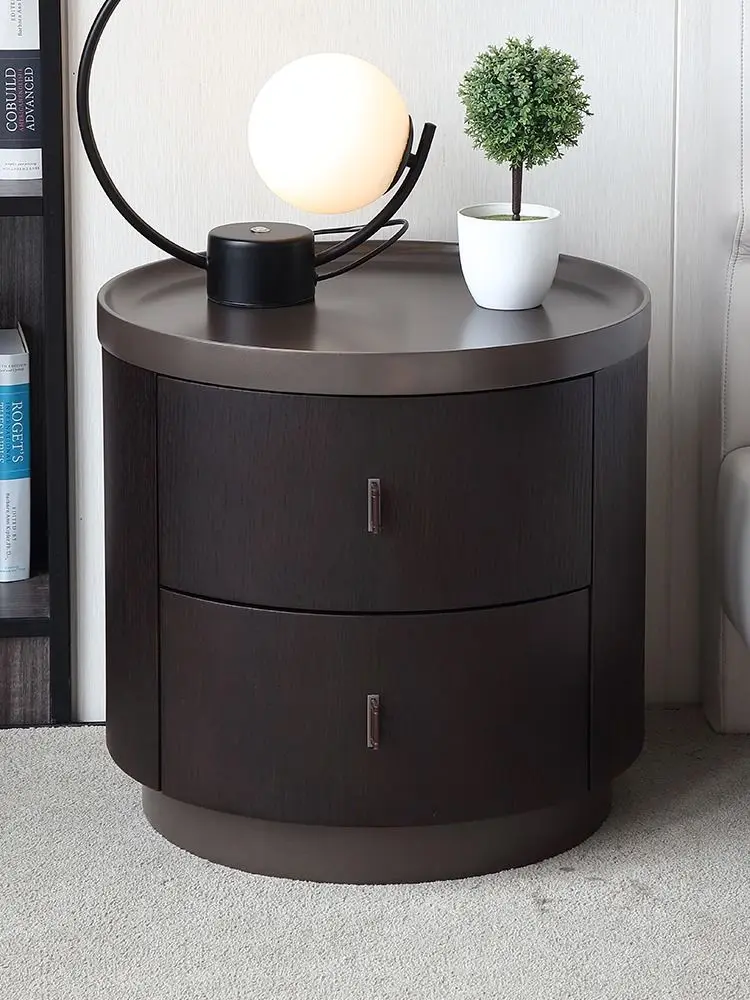 2023 New Round Nightstand Italian Minimalist Wood Small Bedside Storage Living Room Baking Paint Simple 2 Layer Cabinet Bedroom