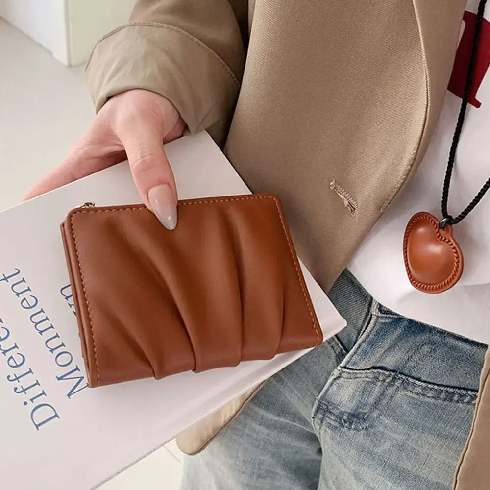 อินเทรนด์ PU หนังผู้หญิงกระเป๋าสตางค์ย่นสีทึบหญิงกระเป๋าแบบพกพากระเป๋าเหรียญ