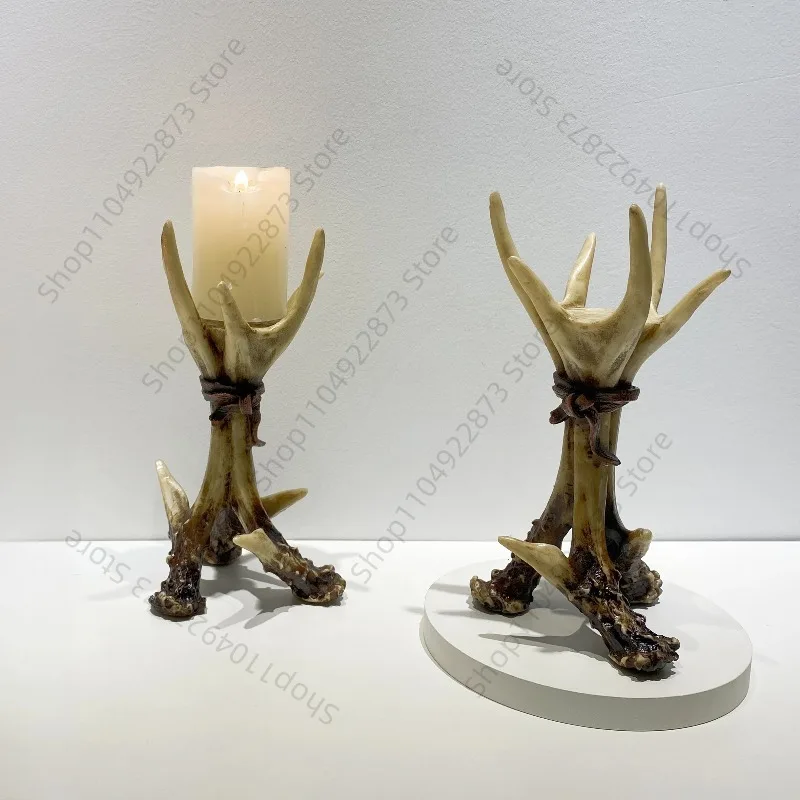 Vintage Antler Candlesticks Resin Animal Candle Holder Antlers Deer Statue Home Decor Living Room Fireplace Christmas Decoration