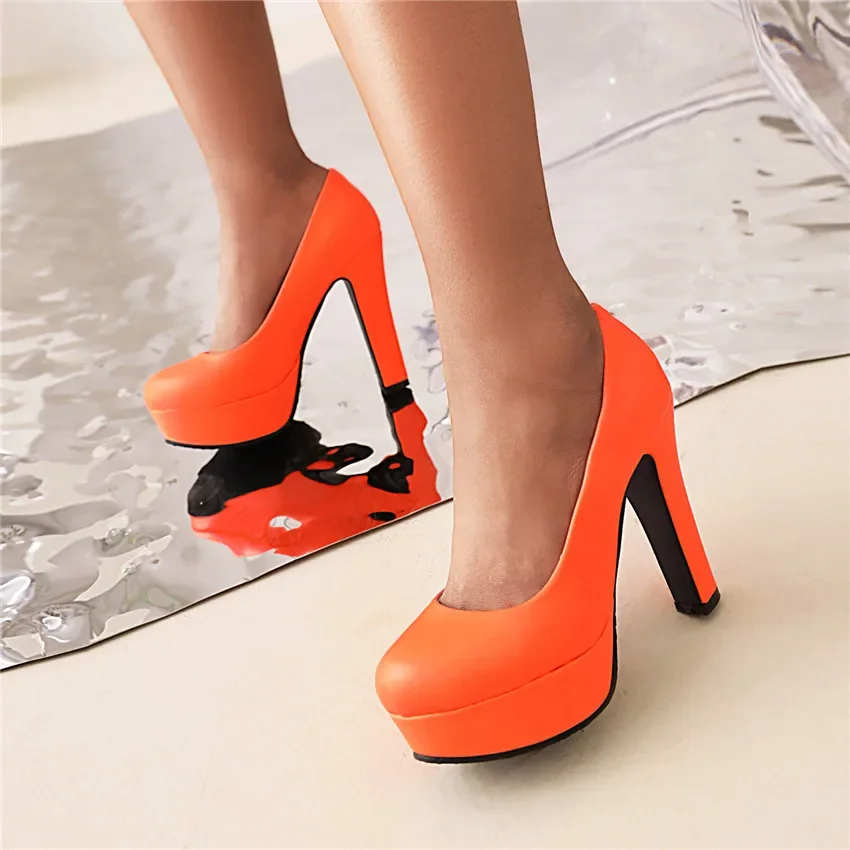 Elegant Women High Chunky Heels Platform Pumps White Black Pink Green Round Toe Party Office Wedding Ladies Slip-on Dress Shoes