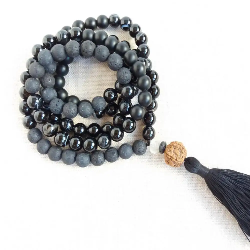 Natural Black Onyx & Lava Rock 108 Beads Mala Necklace with Rudraksha & Black Tassel Spiritual Meditation Jewelry view 6