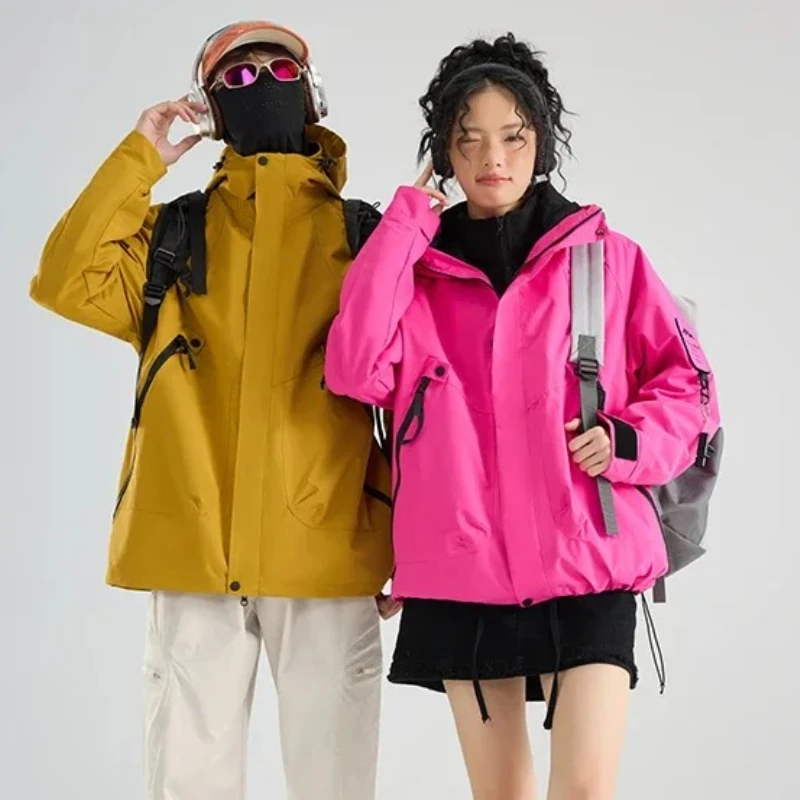 

American Streetwear Women Loose Waterproof Cargo Jacket Climbing Hiking Hooded Windbreaker Jackets Camping Outdoor Unisex Coats