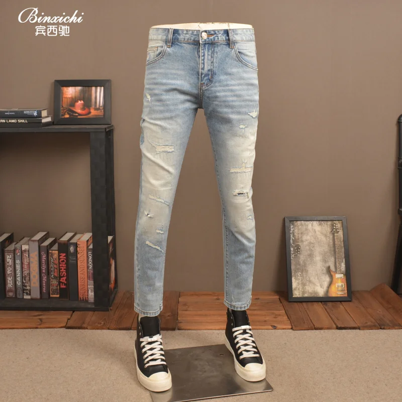 

2025 spring/summer light colored ripped jeans men, elastic straight leg trendy fashion, rugged and handsome casual pants
