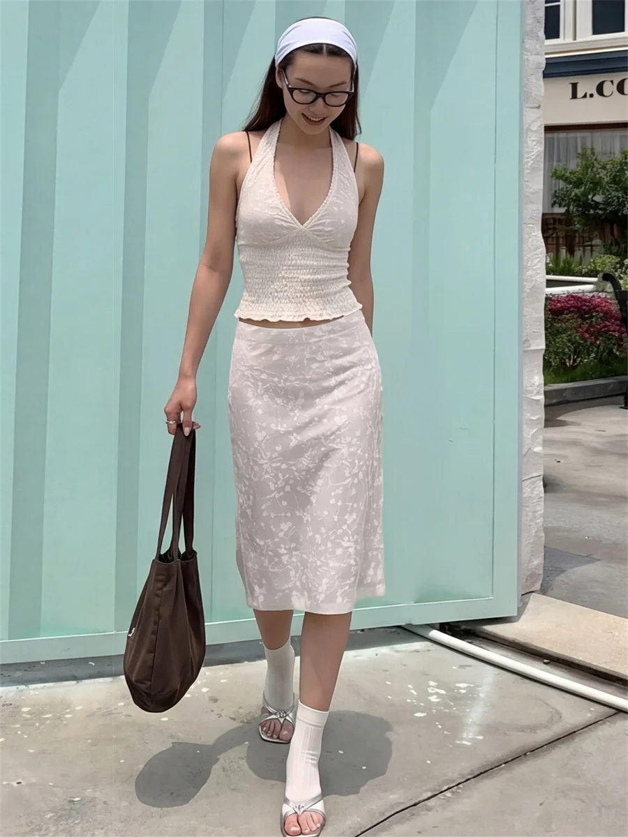 

Nibber Vacation 2 Piece Set Jacquard Women Sexy Fashion V-Neck Halter Elastic Waist Tank Top+Skirts Chic Party Simple Clubwear