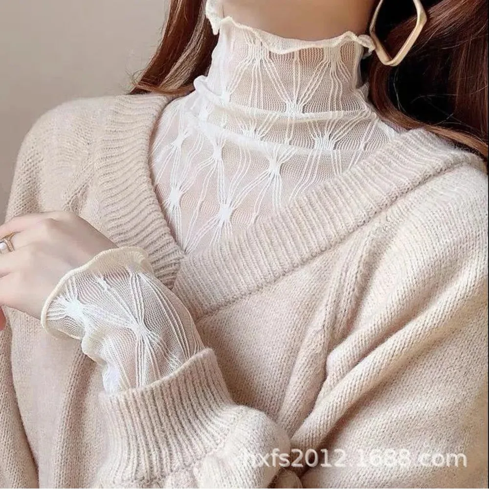 

Women's Early Autumn 2024 New High Neck Long Sleeve Chiffon Lace Top with Mushroom Edge Pleated Base Shirt Fashionable