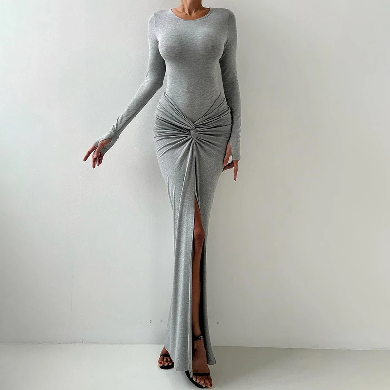 2024 Fashion Draped Split Party Dress Elegant O-neck High Waist Bodycon Dress Women Casual Long Sleeve Solid Color Long Dresses