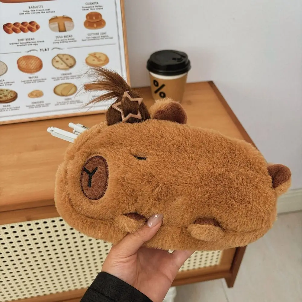 Cute Pen Holder Capybara Stationery Bag Novelty Storage Bag Capybara Pencil Bag Zipper Afro Hair Plush Pen Case Office