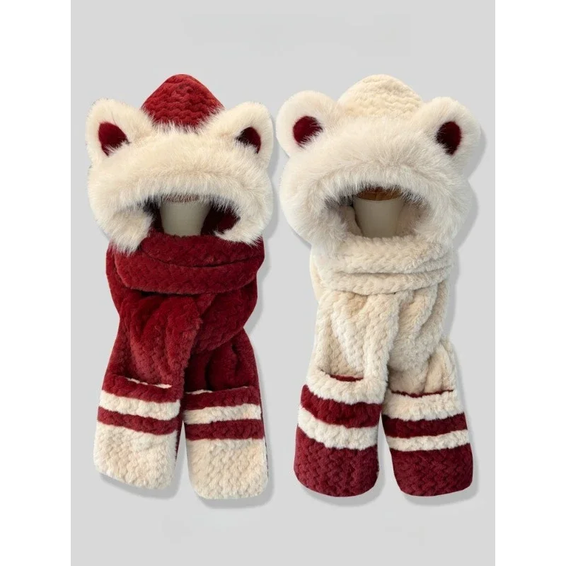 Cute Bear Color Matching Plush Hat Scarf Gloves Integrated Women's Thickened Plush Ear Protectors Warm Suit