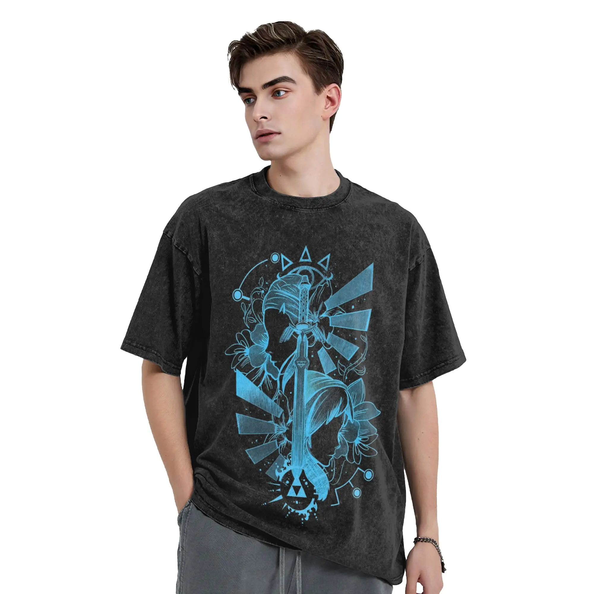 Zeldas Legend Link Washed T Shirt Streetwear Vintage T-Shirt Game Anime Tee Shirt for Men Women 100% Cotton Harajuku