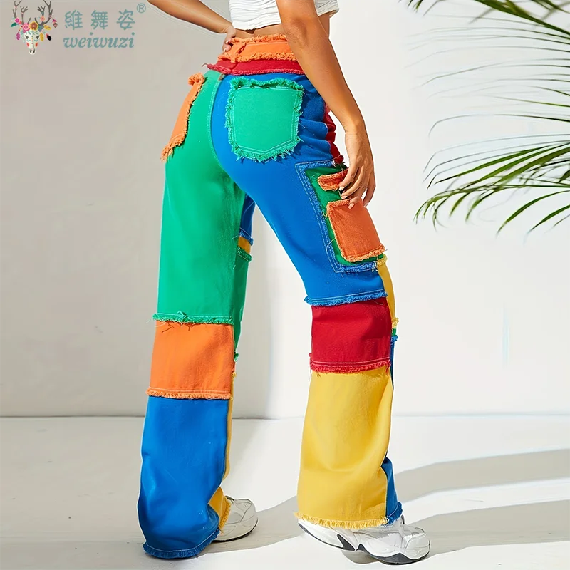 Y2K-pantalones vaqueros coloridos desgastados para mujer, pantalones vaqueros de cintura alta, ropa de calle holgada con bloques de Color, Vaqueros rectos de hip hop frescos energéticos
