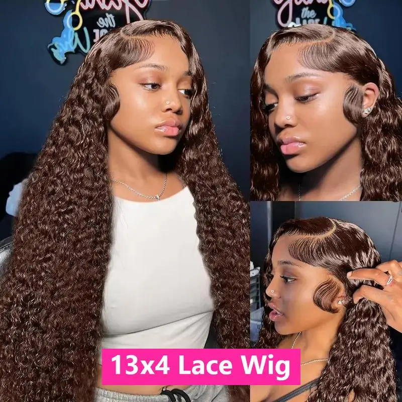 Deep Wave Chocolate Brown Lace Front Wig Human Hair Water Wave 13x6 13x4 220% Density Curly Lace Frontal Wigs Pre Plucked image 5