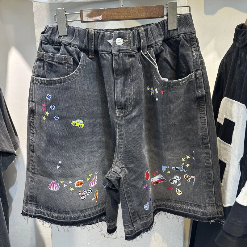 Men's Shorts Classic Cartoon Print Short Jeans Men Women Blue Black Loose Straight Elasticity Short Pants Knee Length Shortpant