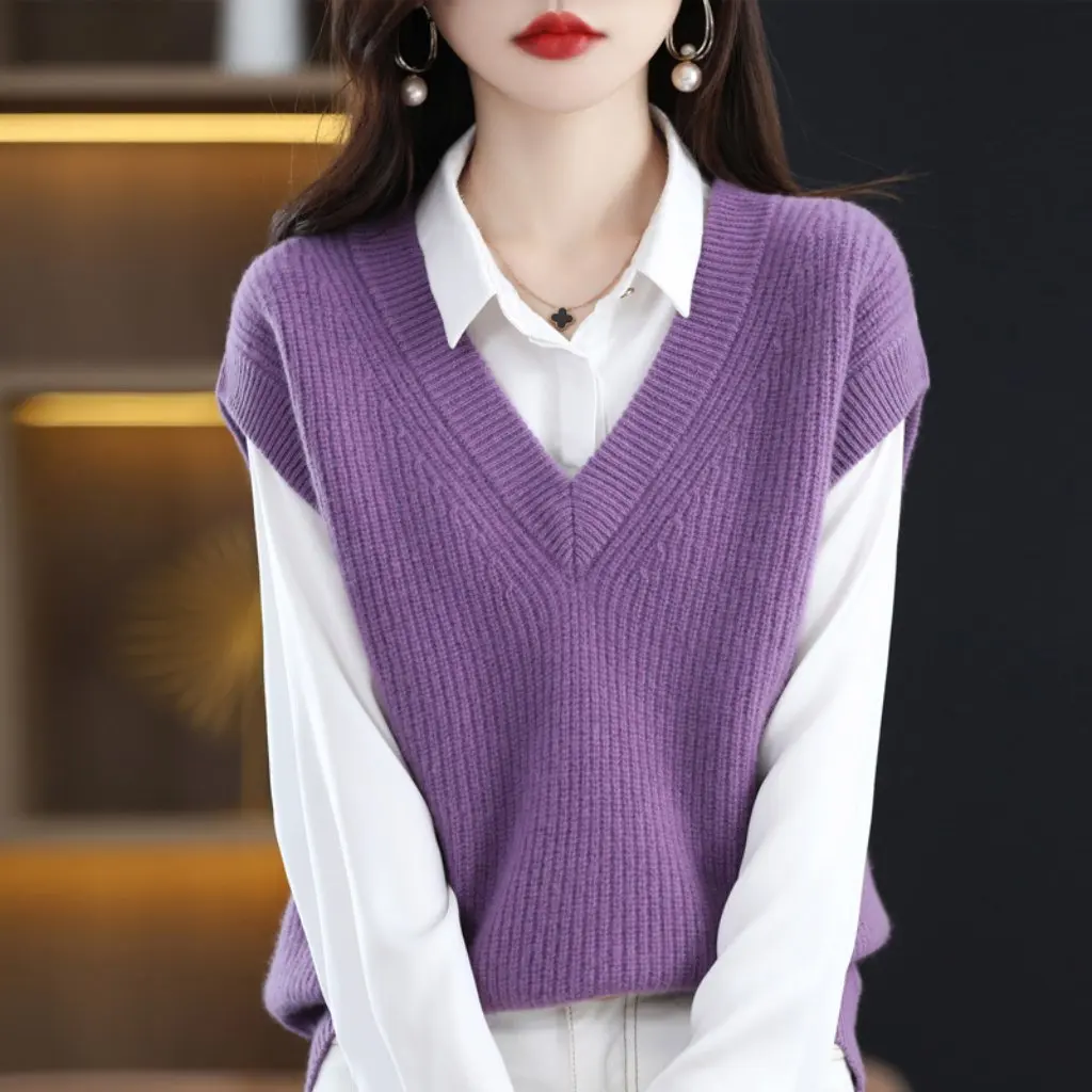 

Women's Knitted V-neck Vest Autumn Fashionable Sleeveless Pullover Sweater Waistcoat Loose Fit Stylish Top