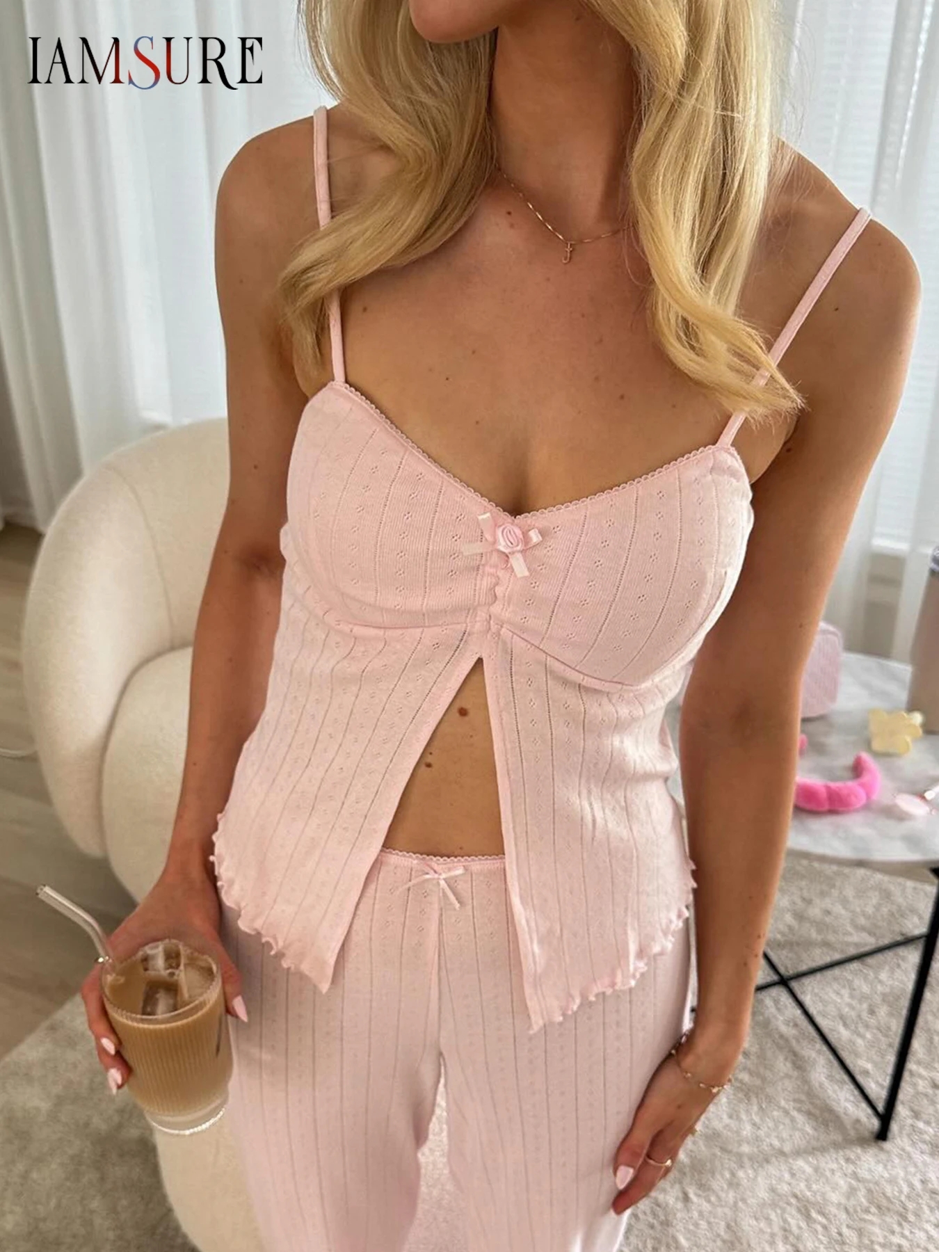 

IAMSURE Sweet Solid Bow Split Camis Top Casual Slim Slash Neck Sleeveless Tank Tops Women 2025 Summer Fashion Streetwear Ladies