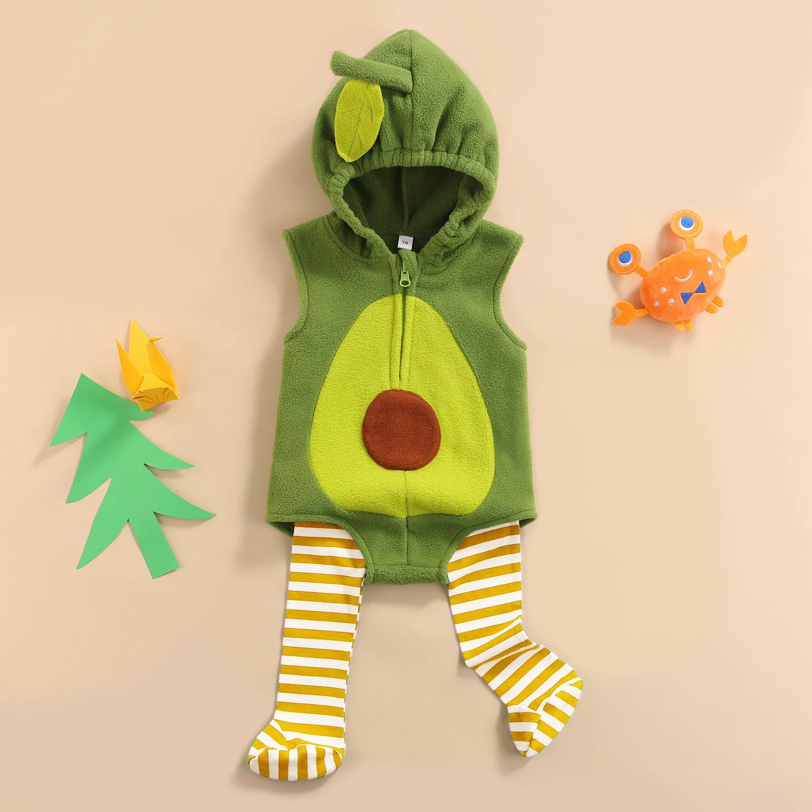 VISgogo Baby Girls Boys 2pcs Halloween Romper Clothes Avocado Sleeveless Zipper Hooded Jumpsuits+Striped Stockings Outfits