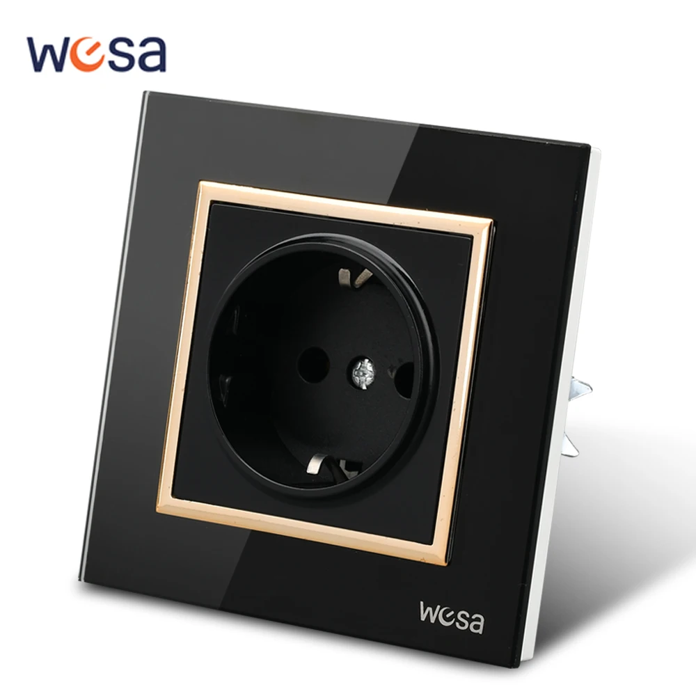 

WESA Crystal Tempered Glass Panel Black Wall Socket Flame Retardant EU Standard Power Socket Electrical Outlet Standard Ground