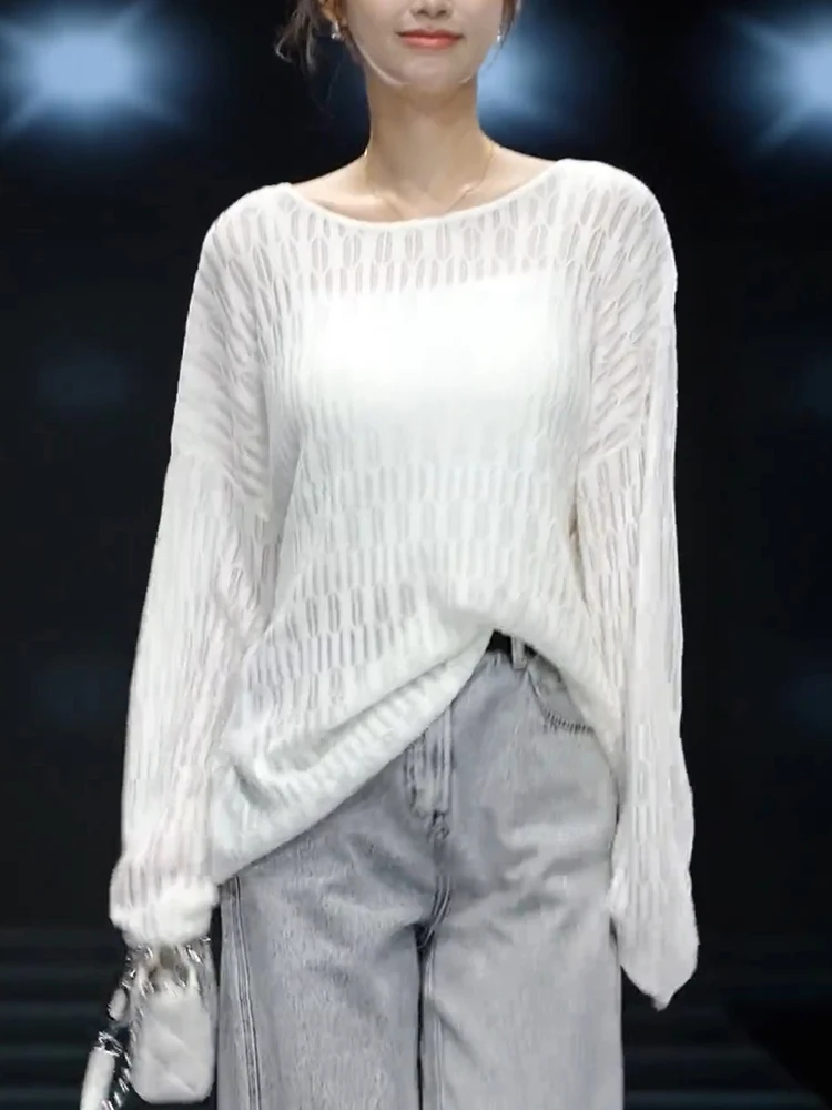 

Faionable Korean Sle Knitted Hollow out Slimming Design Early Spring Clothes for plus Size Women Ele irt