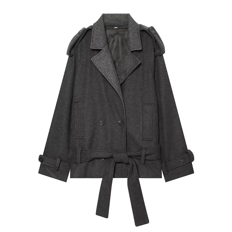 NLZGMSJ Vintage Women Jackets Solid Turn-down Collar Double Breasted Belt Long Sleeve Coat Fashion 2026 Autumn Outwear